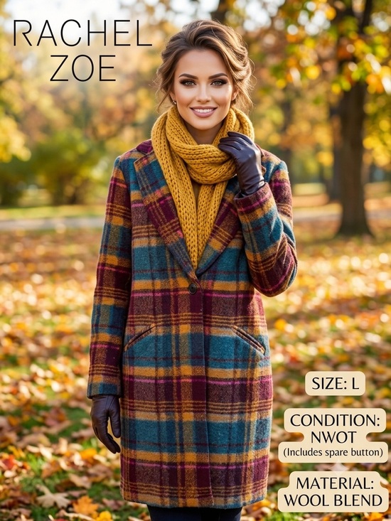 Rachel Zoe Jackets & Blazers - RACHEL ZOE Womens Large Plaid Wool Blend Overcoat NWOT Teal Gold Burgundy Coat